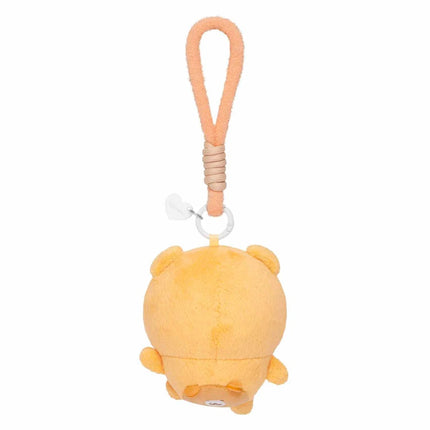 Orange shisa-style plush keychain, side view with hanging loop and clasp