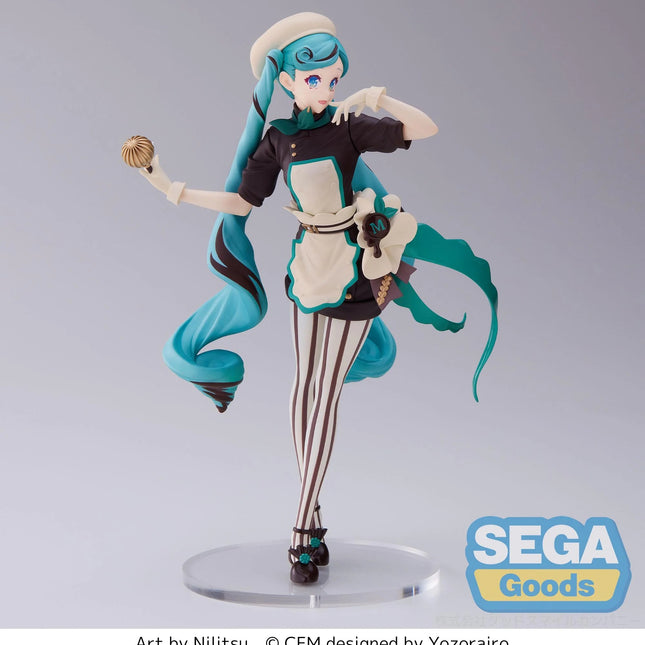 Anime chef figure with teal twin-tails, black top, white apron, and chef hat