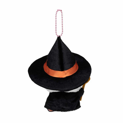 Plush mascot in black wizard hat with orange band and black cloak, shown from the side