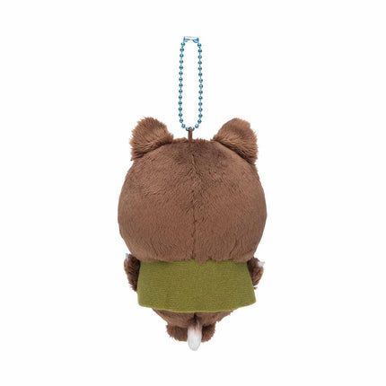 Plush mascot keychain in brown animal hood costume with green skirt and dangling blue chain