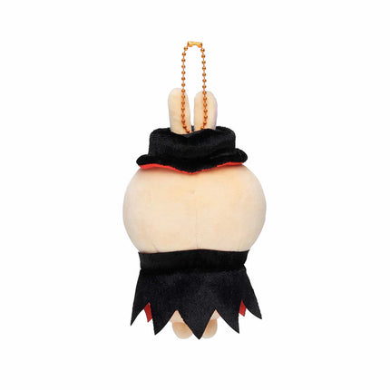 Plush mascot keychain from the back, with black robe and red trim, wearing a tall dark hat