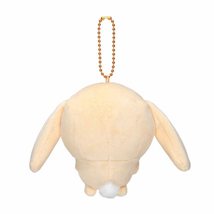 Beige plush rabbit mascot keychain back view with gold bead chain and floppy ears