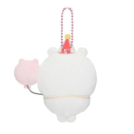 White plush keychain with pink bead necklace, red party hat, and pink-striped cupcake body