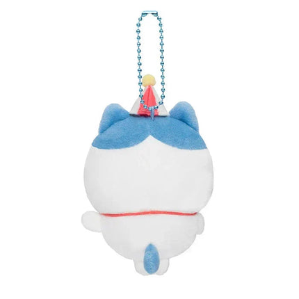 Back view of blue plush keychain with blue bead necklace and striped cupcake body