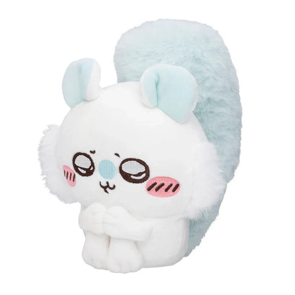 Chiikawa plush toy side view with sad face, light-blue ear tufts and white paws