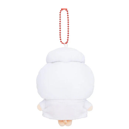 White plush mascot keychain with red beaded necklace, back view