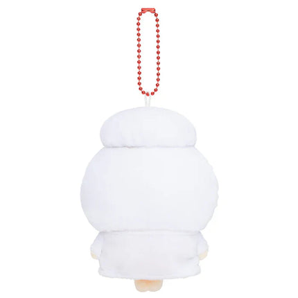 White plush mascot keychain with red beaded necklace, side/back view