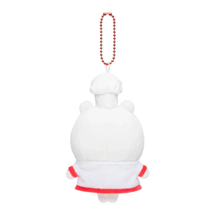 Plush chef mascot keychain back view with white chef jacket and red apron hem