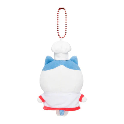Plush chef mascot keychain back view with blue chef jacket and red apron hem