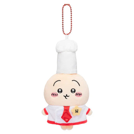 White plush mascot keychain with red beaded necklace, chef coat with red tie front view