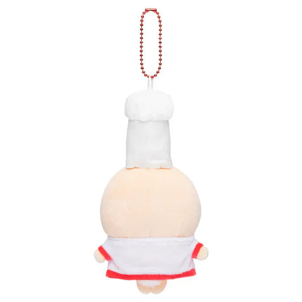 Plush chef mascot keychain back view with tan head and red apron hem