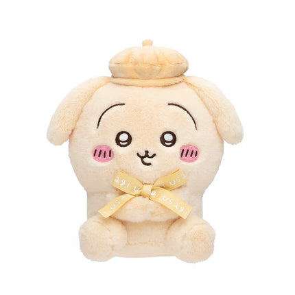 Sitting beige plush toy with heart-like cheeks and bow tie ribbon