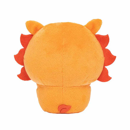 Orange cat-like plush toy back view with red side tufts and small tail.