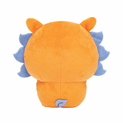 Orange cat-like plush toy back view with blue side tufts and small tail patch.