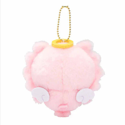 Angel baby plush mascot keychain with gold chain, pink plush head with small wings
