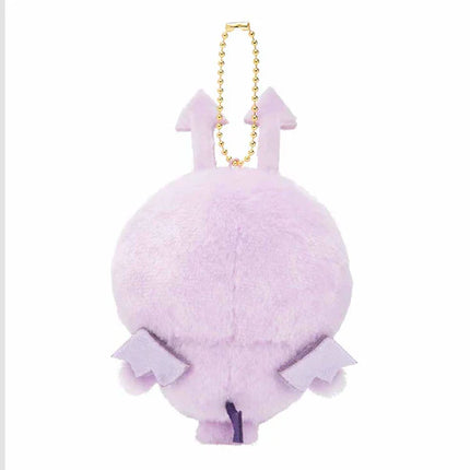 Purple angel baby plush mascot keychain with gold chain, back view with small wing tips