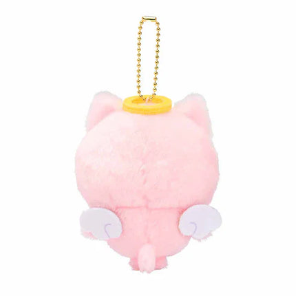 Pink angel baby plush mascot keychain with gold chain, back view and small feet