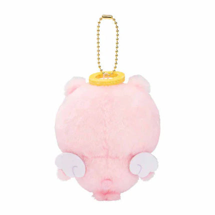 Pink angel baby plush mascot keychain with gold chain, back view and white wing accents