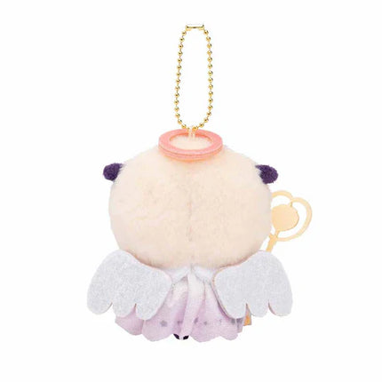 Plush mascot keychain back view with white wings, lavender skirt, gold chain halo ring.