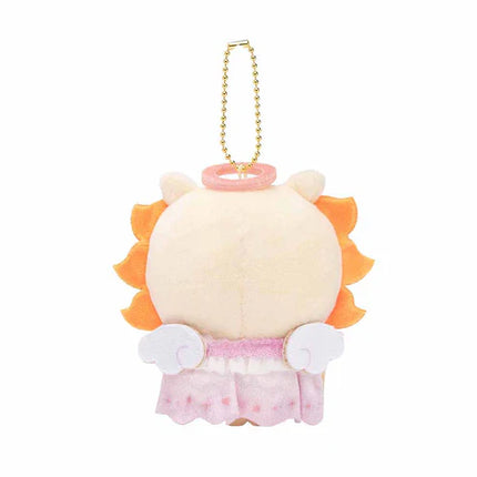 Back view plush mascot keychain with orange spiky edging and pink skirt, gold chain.