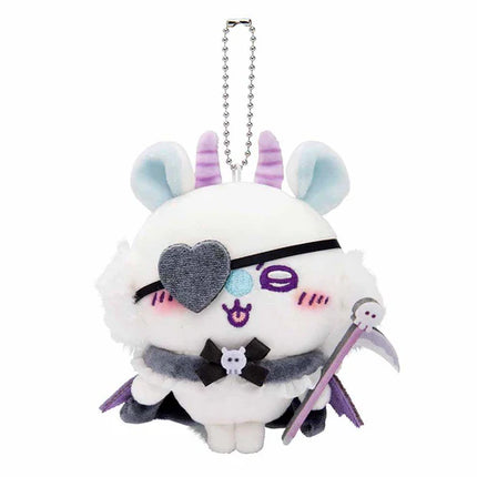 White-and-purple demonic plush mascot keychain with heart accessory, silver chain