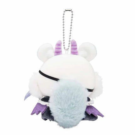 White plush mascot keychain with purple ears, light-blue face, silver chain.