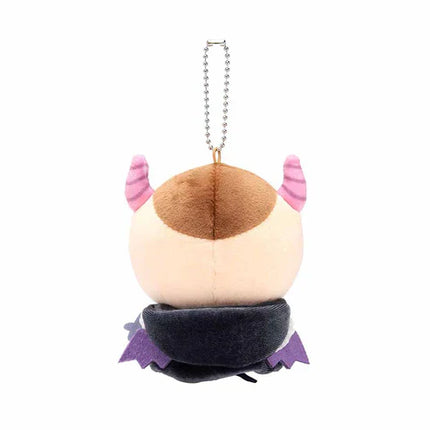 Plush mascot keychain, back view: tan head, pink ears, dark skirt, silver chain.
