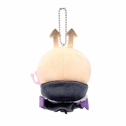 Ivory demonic plush mascot keychain with brown horns and dark skirt, side view