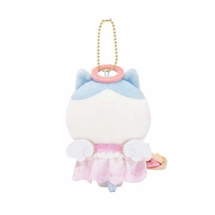 White and light blue plush mascot keychain with pink skirt and gold chain loop