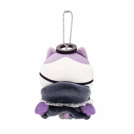 Purple-and-gray demonic plush mascot keychain, side view with silver chain
