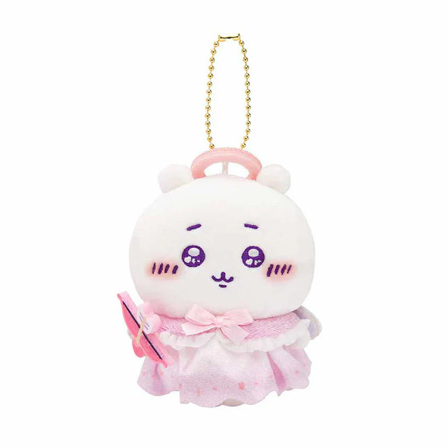 Pink-and-white angelic plush mascot keychain with ruffled dress and gold chain