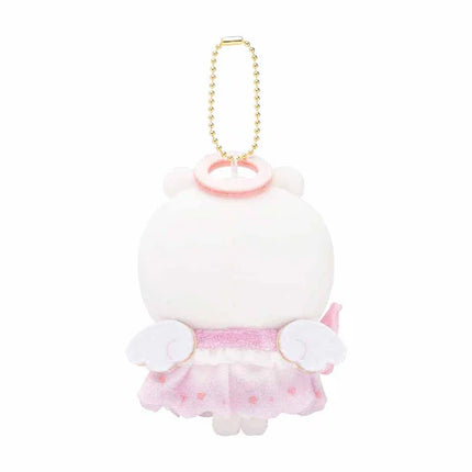 White plush mascot keychain with pink ruffled skirt, dangling gold chain loop