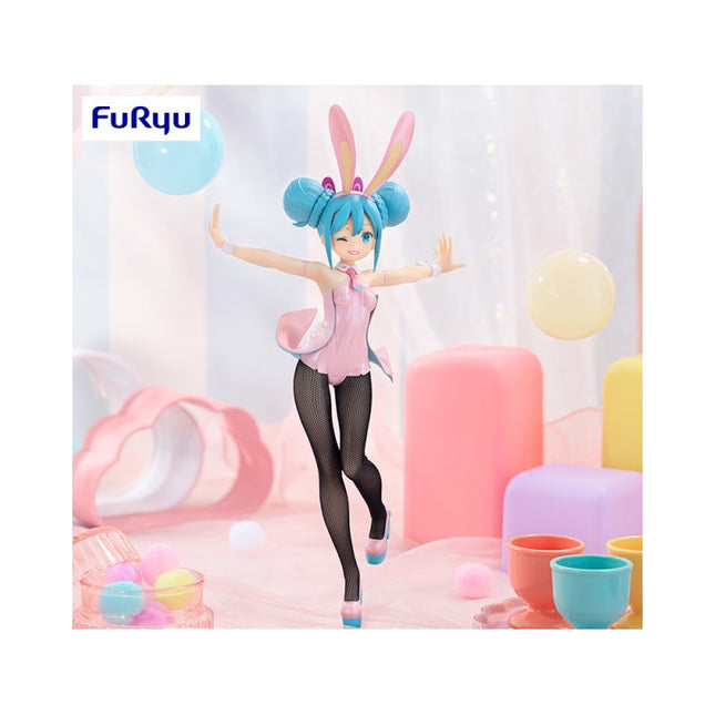 Hatsune Miku bunny figure in pink outfit, black fishnet tights, blue bunny-ear hair