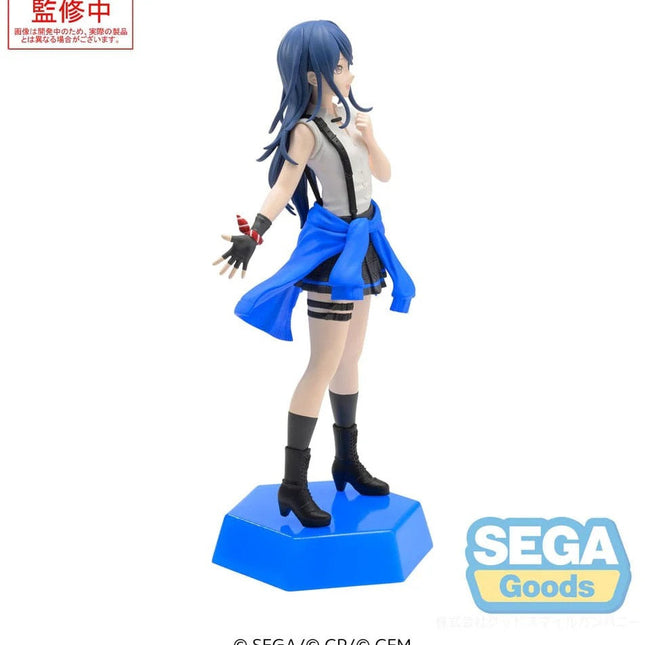 Desktop character figure, side view: blue hair, white blouse, blue skirt, black boots on base