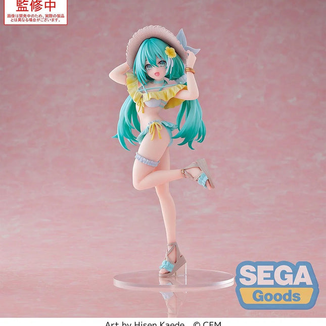 Hatsune Miku figure with teal twin-tails, straw hat, yellow frilled outfit