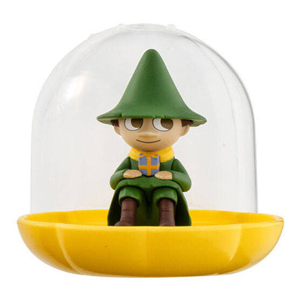 Moomin Gemlies figure in clear dome, green-clad character with pointed hat, yellow base