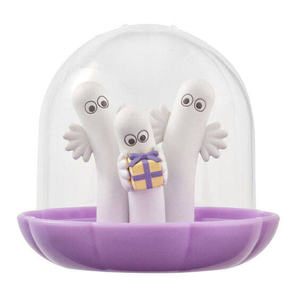 Moomin Gemlies figure in clear dome, three white characters with purple ribbon, purple base