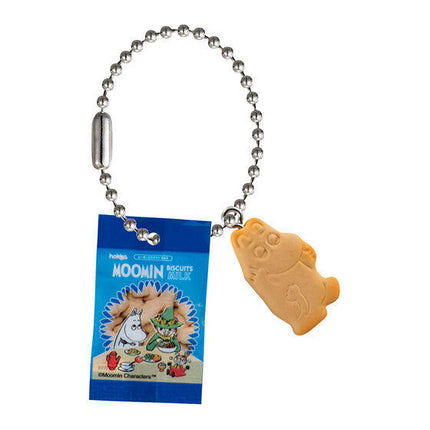 Moomin biscuit mini charm keychain with blue snack packet and tan fish biscuit charm