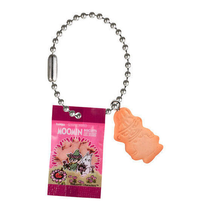 Moomin biscuit mini charm keychain with pink snack packet and orange fish biscuit charm