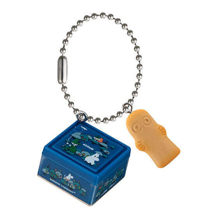 Moomin biscuit mini charm keychain with blue tin charm and tan biscuit charm