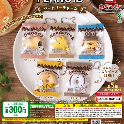 Set of 5 Peanuts bakery character keychain charms with silver ball chains in blister packs