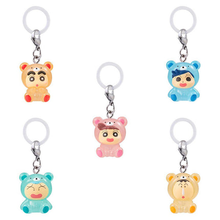 Set of five chibi character keychains with white loops and metal ring, pajama style