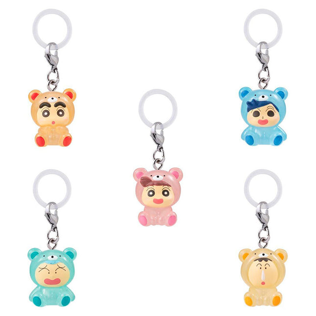 Set of five chibi character keychains with white loops and metal ring, pajama style