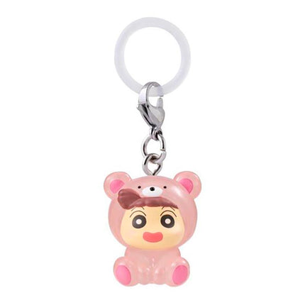 Chibi bear character keychain in pink pajamas with metal ring and white loop