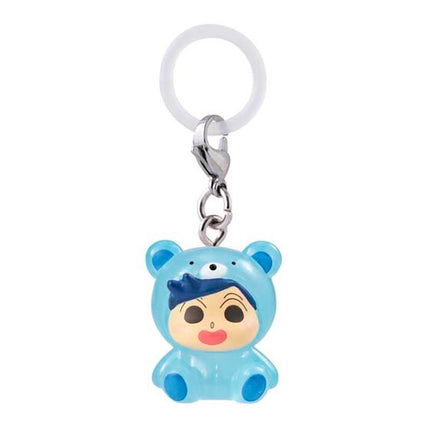 Chibi bear character keychain in blue pajamas with metal ring and white loop