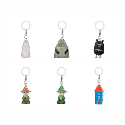 Set of six Moomin gashapon keychain charms with character figures and metal rings