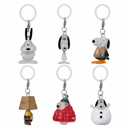 Six character marker charms on key rings: rabbit, penguin, dog, snowman, lamp, and red jacket.