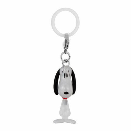 Dog-shaped keychain charm with black ears and white face, hanging from ring
