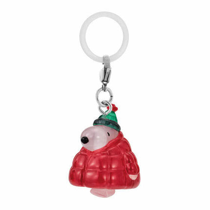 Red hooded character keychain charm with green cap detail, hanging from ring