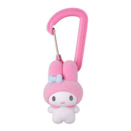 Pink plush mascot charm with pink carabiner clip and white face detailing